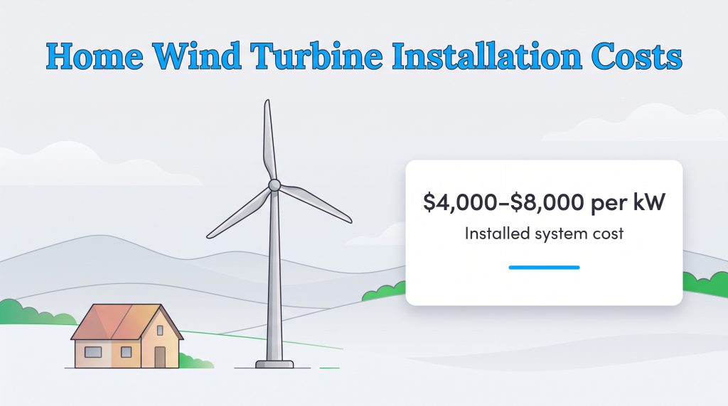 Illustration of a home wind turbine showing installation costs of 4,000 to 8,000 dollars per kW