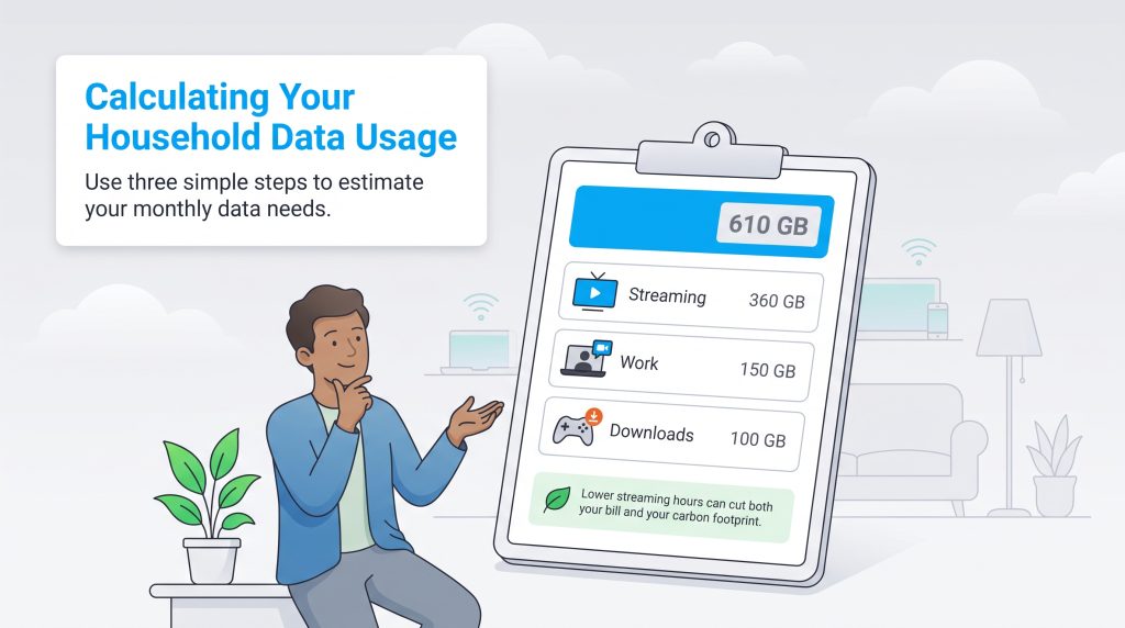 An illustration of a man calculating monthly internet data usage on a giant clipboard.