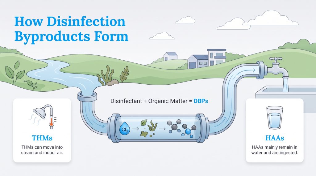 Diagram showing how disinfectants react with organic matter in water to form THMs and HAAs.