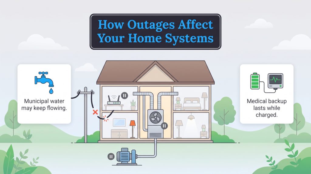 Illustration showing how power outages affect home heating, water supply, and medical devices.