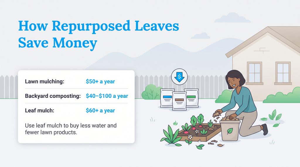 Infographic showing annual savings from lawn mulching, composting, and leaf mulch
