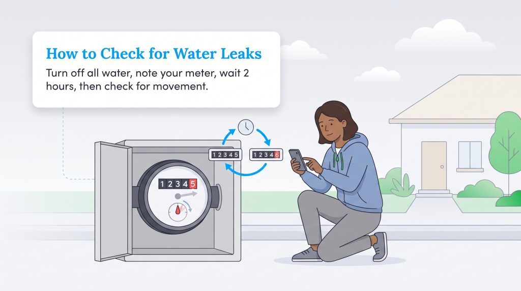 Illustration of a person checking a water meter for household leaks
