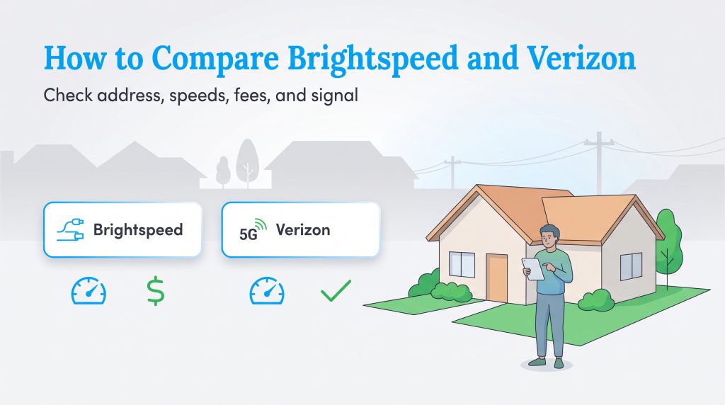 Graphic explaining how to compare Brightspeed and Verizon internet services at home.