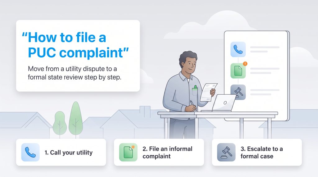 Three-step process to file a PUC complaint: call utility, file informal, escalate to formal.