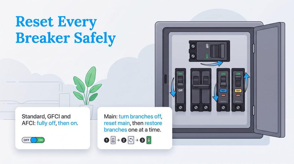Illustration of an electrical breaker box with standard, GFCI, AFCI, and main breakers.