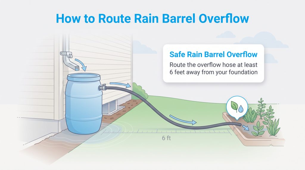 Illustration of a rain barrel with an overflow hose leading six feet away to a garden bed.