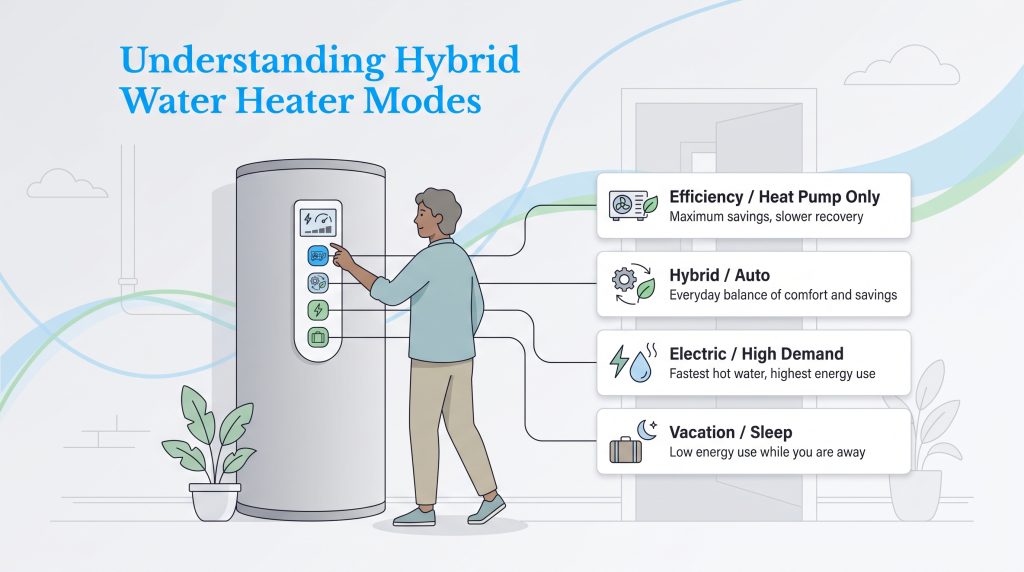 Illustration showing four operating modes of a hybrid water heater on a digital control panel.