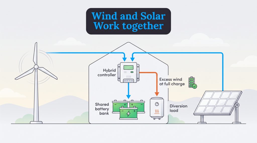 Diagram of a hybrid wind and solar power system feeding a shared battery bank.