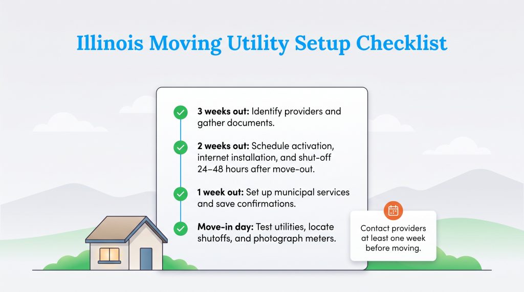 Timeline checklist for setting up utilities in Illinois from three weeks out to move-in day.