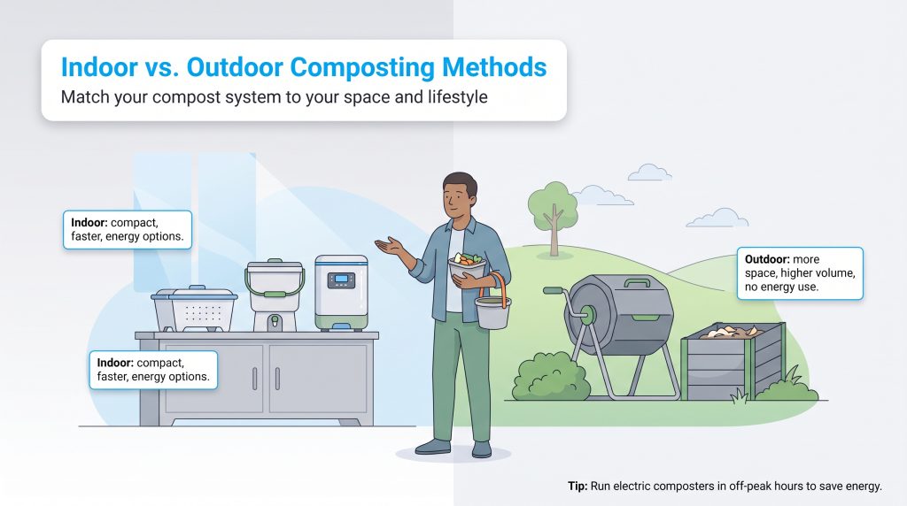 An illustration comparing compact indoor composting systems with larger outdoor composting bins.