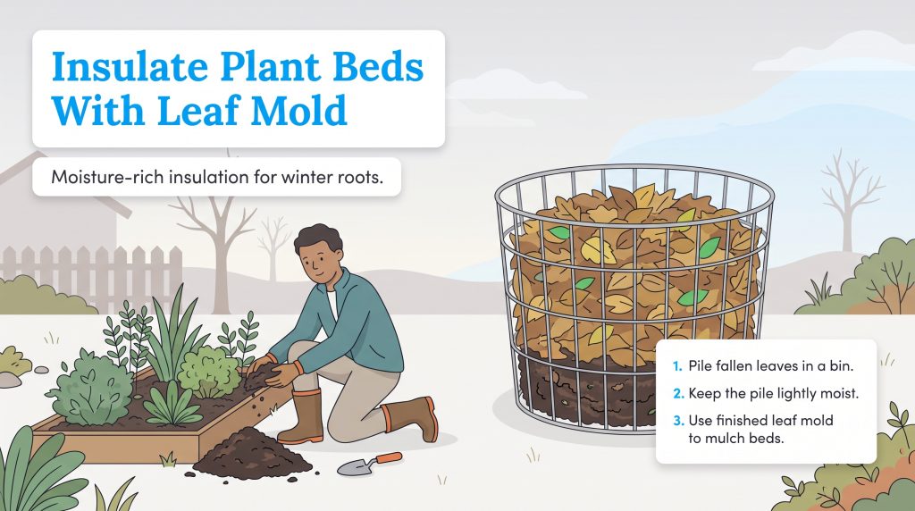 A gardener mulching a plant bed next to a wire compost bin filled with decomposing leaves.
