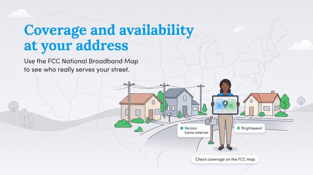 Illustration of a person holding a tablet showing neighborhood broadband coverage.