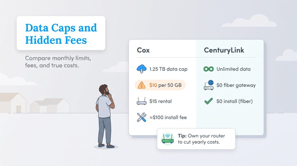 Comparison of Cox and CenturyLink data caps, rental fees, and install costs