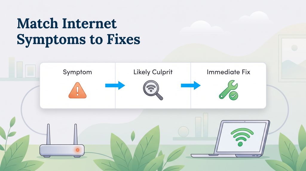 Diagram showing steps to match internet symptoms to likely culprits and immediate fixes.