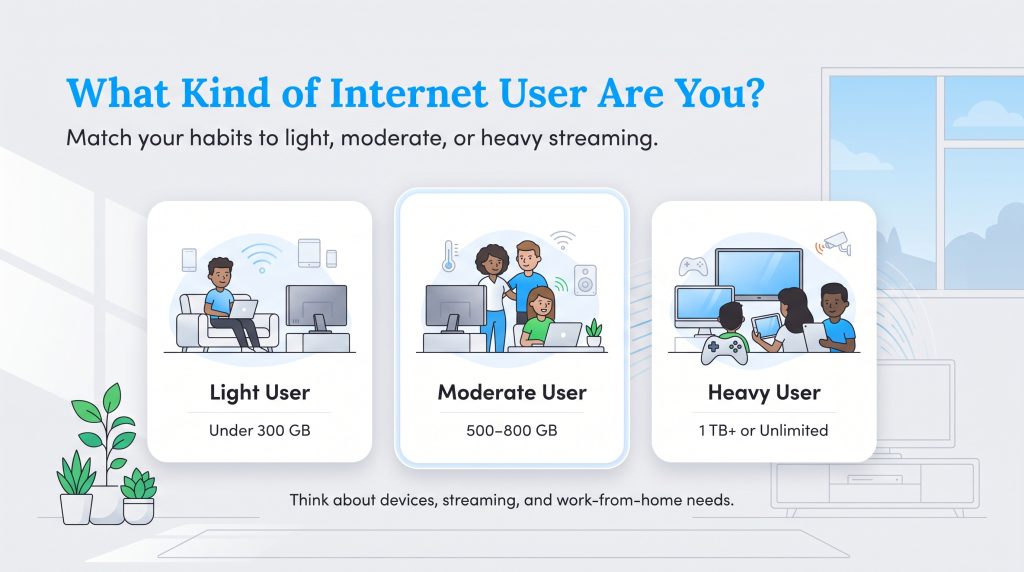 Infographic comparing light, moderate, and heavy internet users based on data usage.