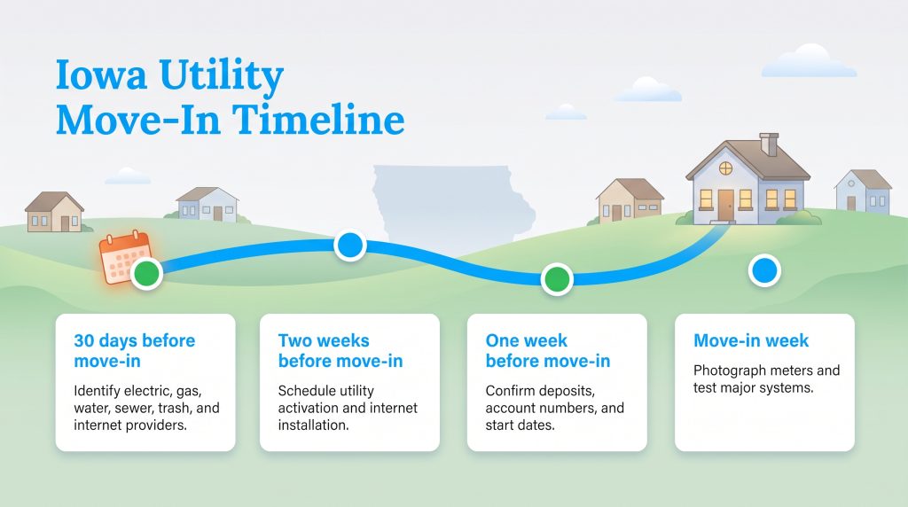 Timeline for setting up Iowa home utilities from 30 days before moving through move-in week.