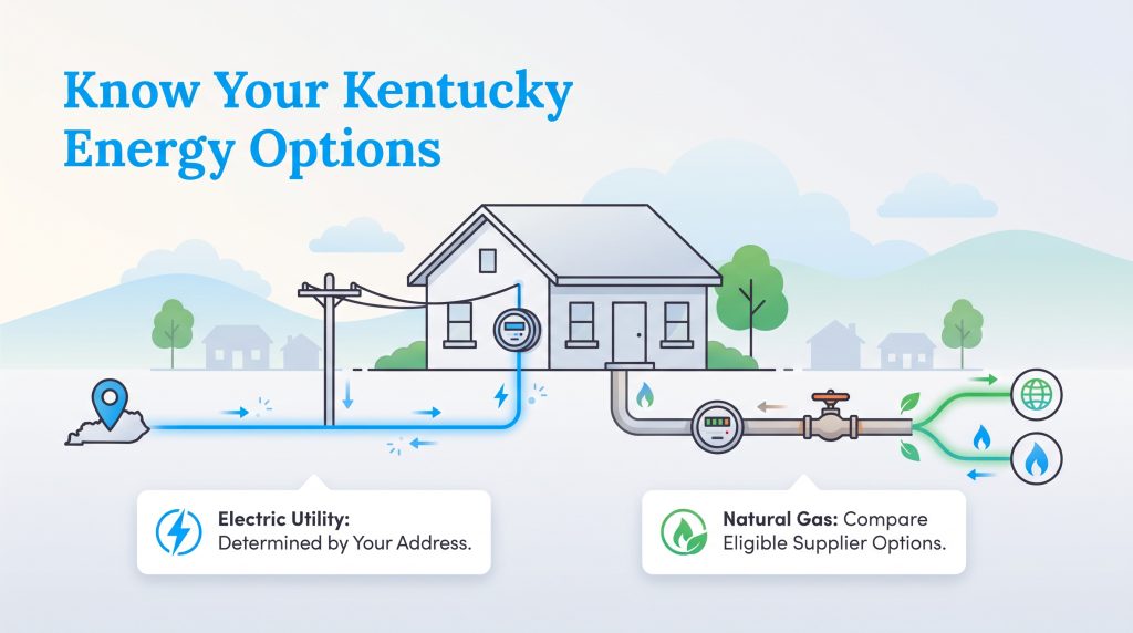 Illustration explaining residential electric and gas utility options in Kentucky.