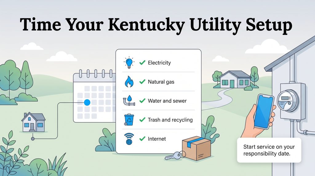 Checklist for setting up electricity, gas, water, trash, and internet when moving to Kentucky.