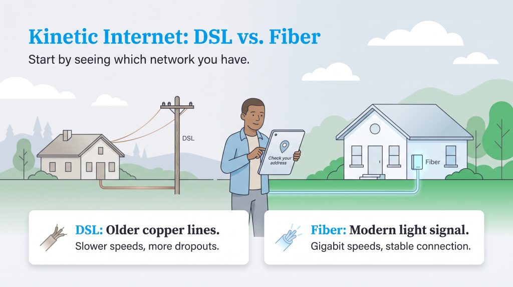 Comparison of Kinetic DSL and fiber internet highlighting speed and reliability differences.