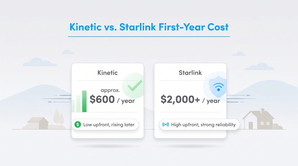 Comparison of Kinetic first-year cost at 600 dollars and Starlink at over 2000 dollars