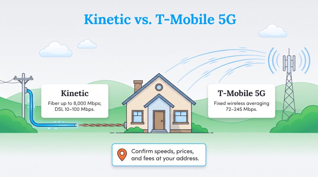 Graphic comparing wired Kinetic internet and wireless T-Mobile 5G home internet to a house.