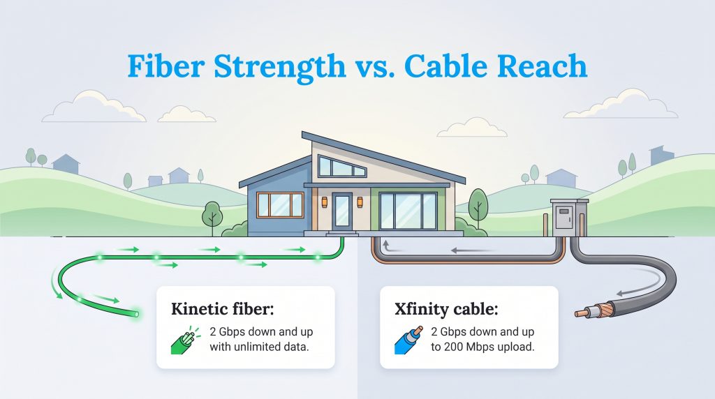 Graphic comparing underground Kinetic fiber and Xfinity cable connections to a house.