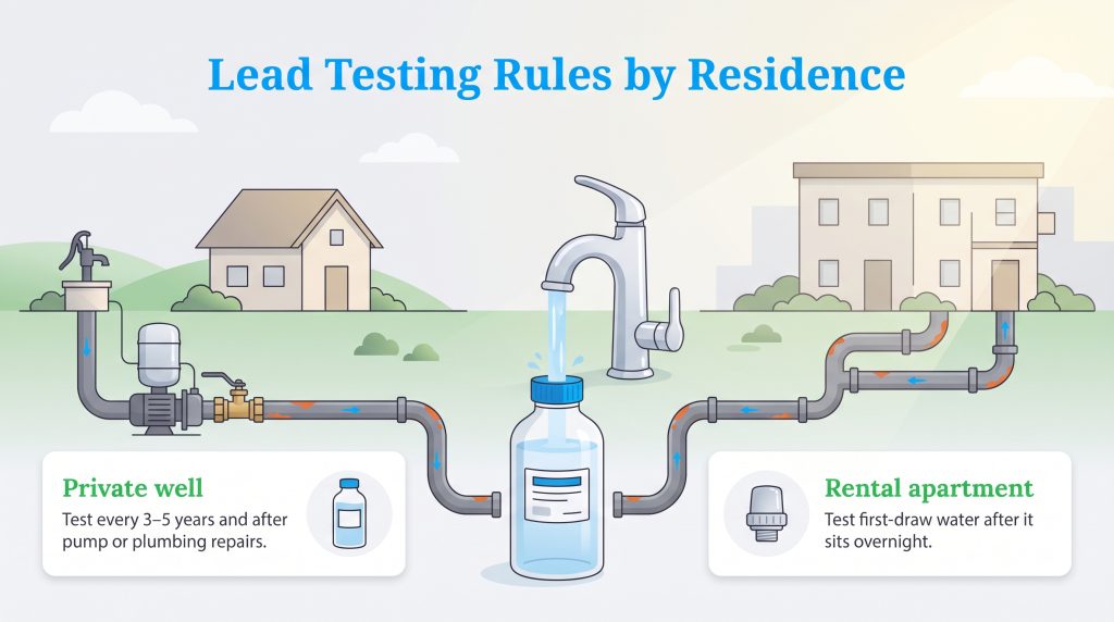 Diagram comparing lead water testing procedures for private wells and rental apartments.