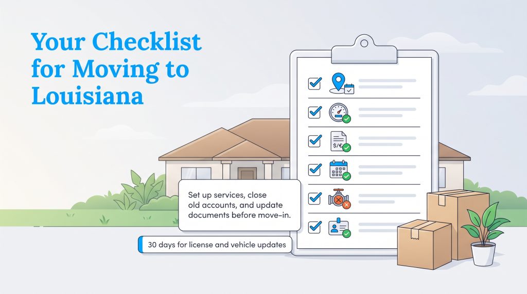Moving checklist clipboard next to packed boxes and a house in Louisiana.