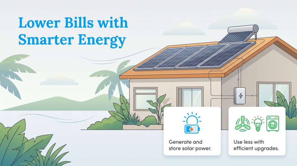 An island home featuring rooftop solar panels and a solar water heater.