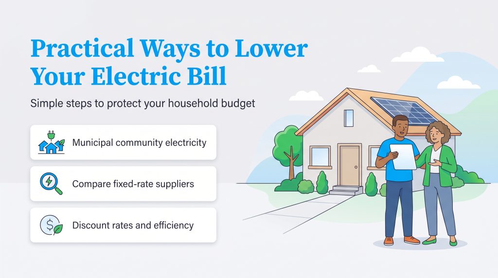 Tips to lower your electric bill through community power, fixed rates, and discount programs