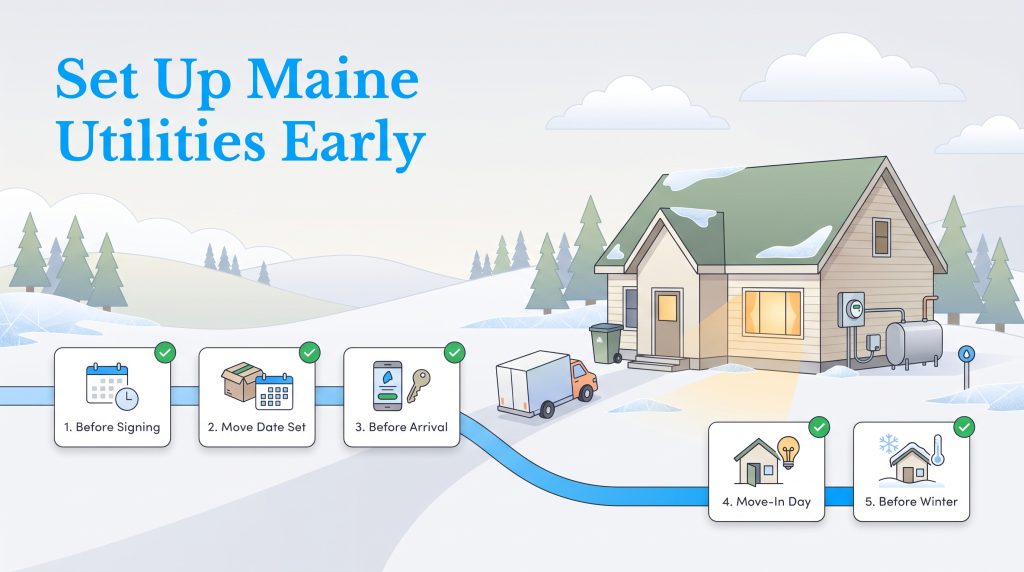 Step-by-step timeline for setting up home utilities when moving to Maine in winter.