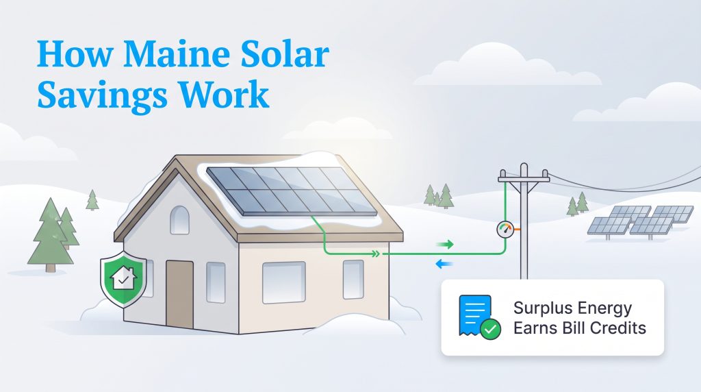 Home with rooftop solar panels in winter sending excess power to the grid for bill credits.