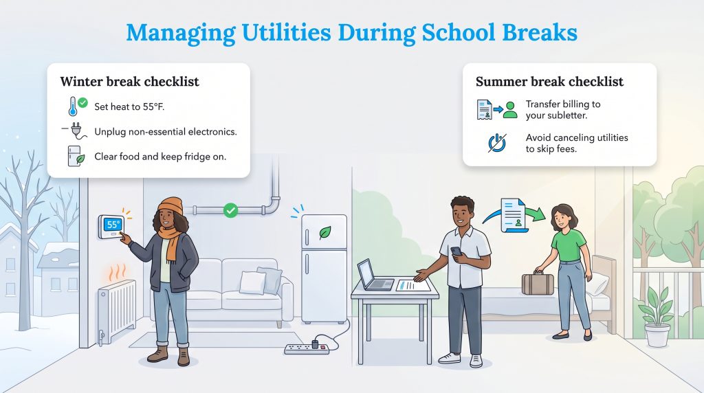 Guide showing winter and summer checklists for student apartment utility management.