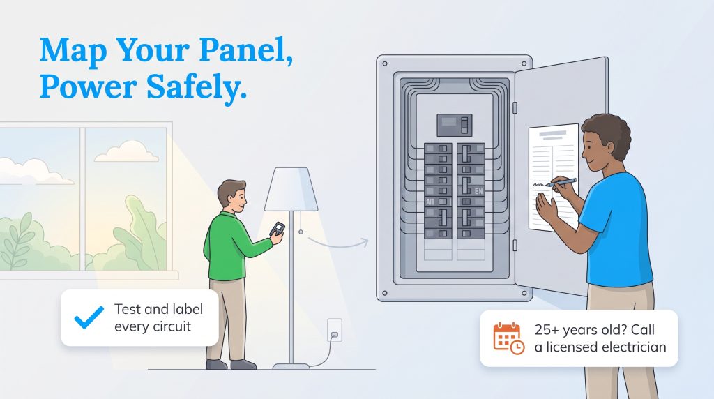 Illustration of two people testing circuits and labeling an electrical breaker panel.
