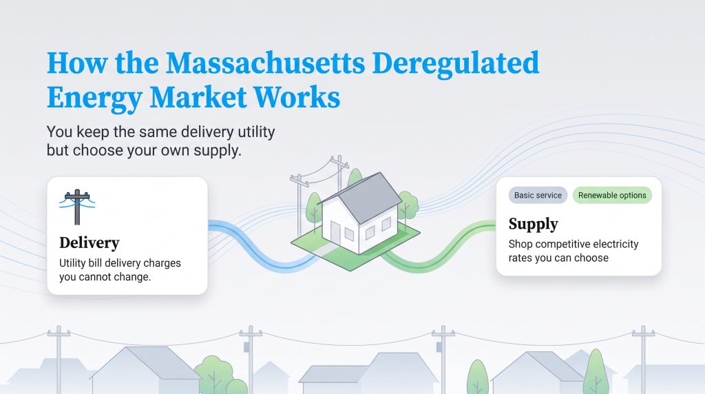 Diagram explaining Massachusetts deregulated energy delivery and competitive supply choices