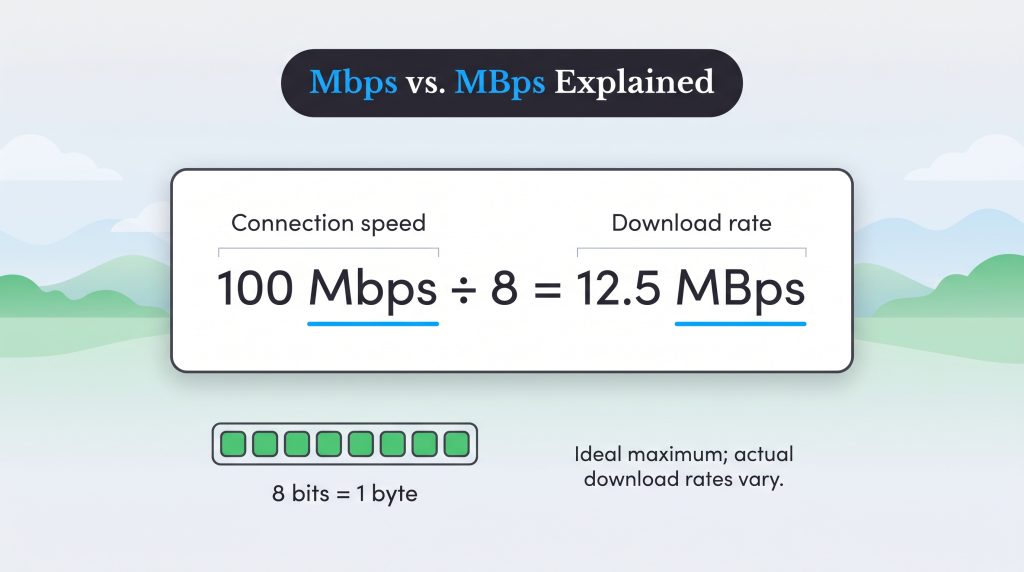 Diagram showing 100 Mbps connection speed divided by 8 equals 12.5 MBps download rate.