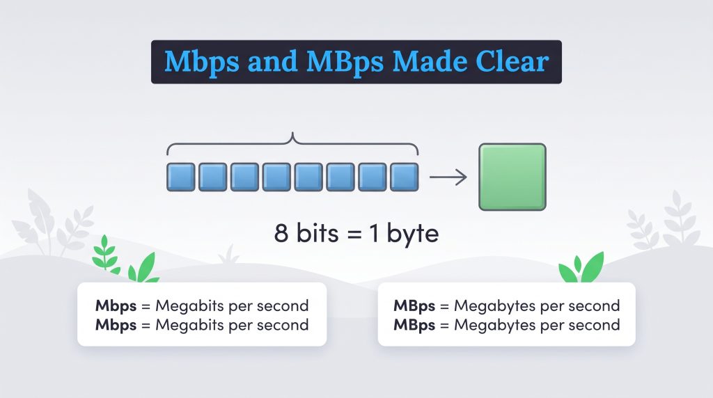 An infographic explaining that 8 bits equal 1 byte, defining Mbps and MBps.