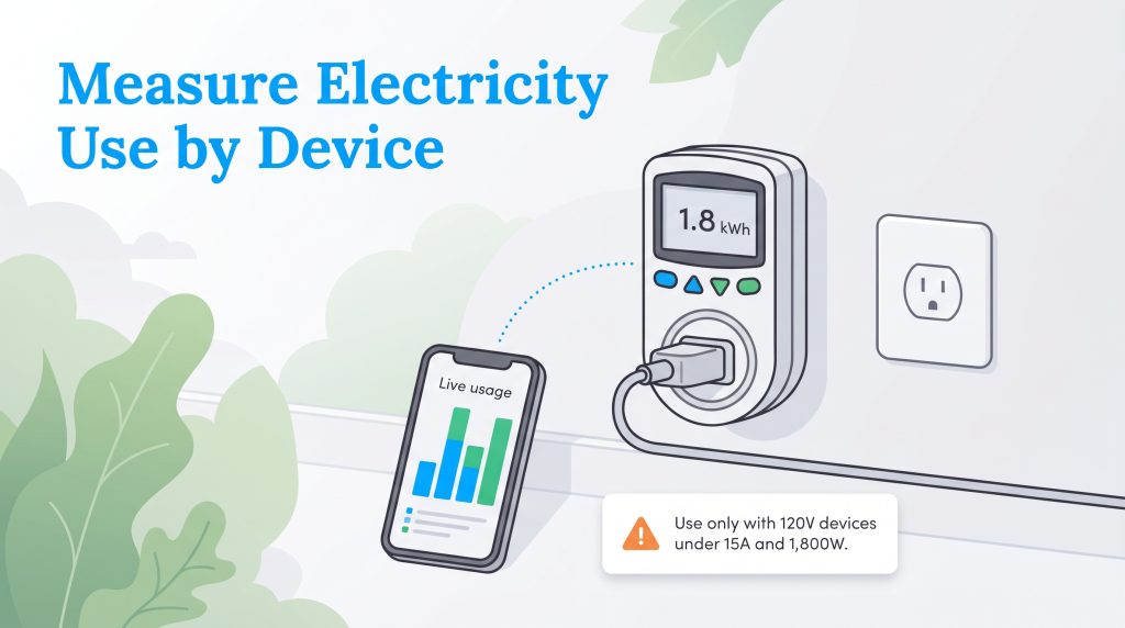 An electricity usage monitor plugged into a wall outlet syncing data to a smartphone app.