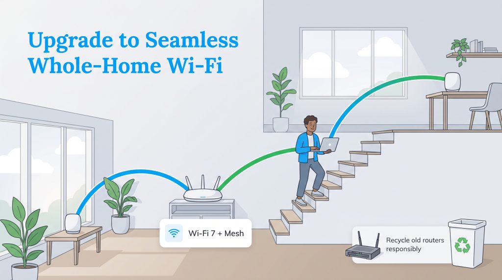 Illustration of a person walking upstairs using seamless whole-home mesh Wi-Fi across nodes.