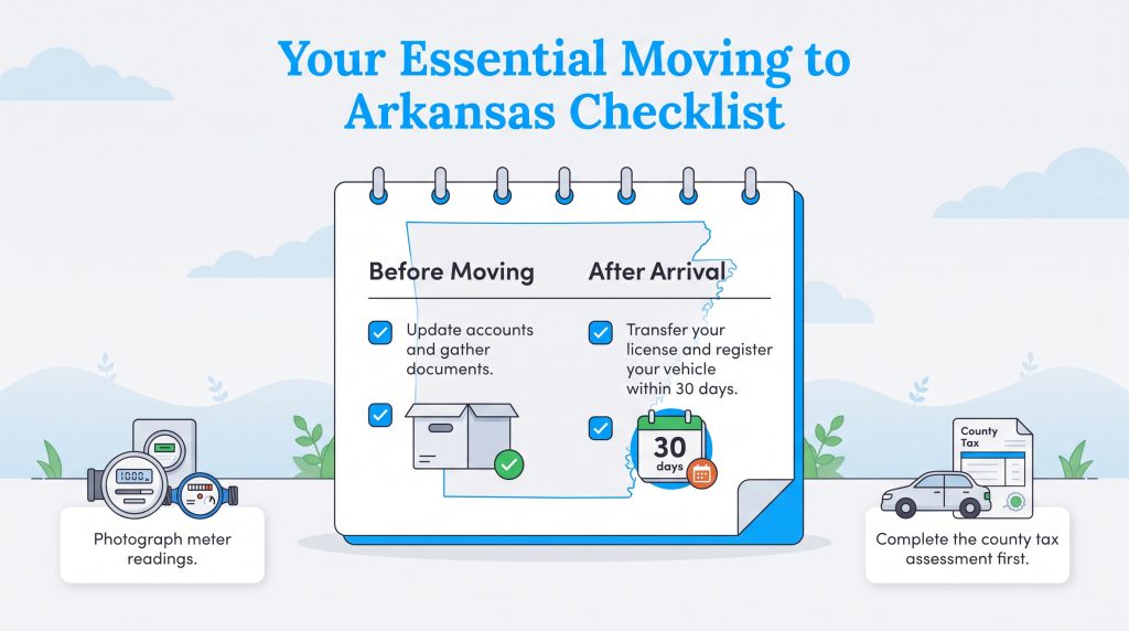 Checklist detailing pre-move preparations and 30-day post-arrival deadlines for moving to Arkansas.