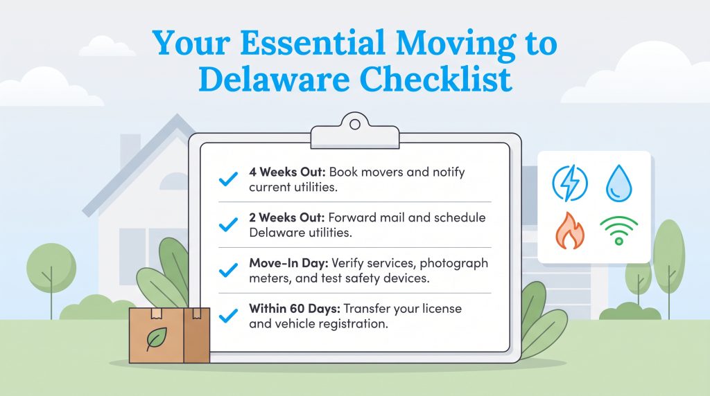 Moving to Delaware checklist clipboard with timeline steps for utilities and DMV registration.