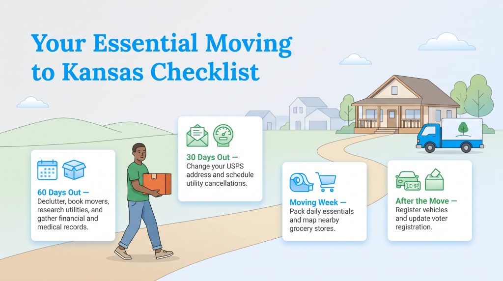 Checklist outlining key tasks before, during, and after moving to a new home in Kansas.