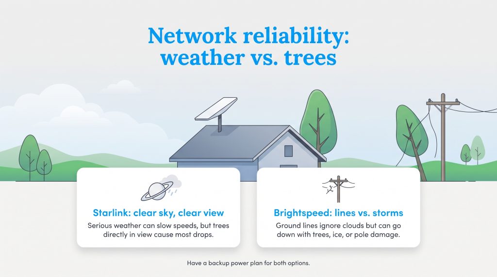 Comparison of Starlink and Brightspeed reliability against weather and tree obstructions