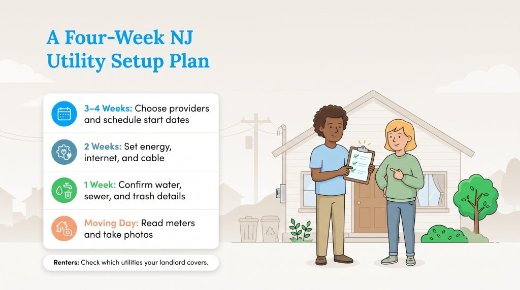 Infographic checklist outlining a four-week timeline for setting up utilities in New Jersey.