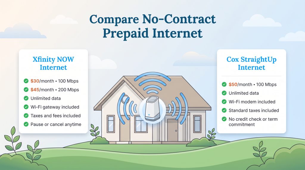 Comparison chart of Xfinity NOW Internet and Cox StraightUp Internet prepaid plans.