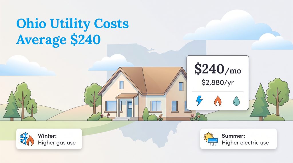 Graphic showing Ohio utility costs average $240 per month for electricity, gas, and water.