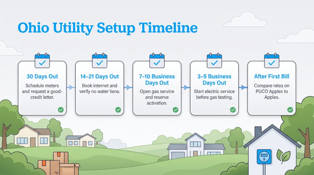Five-step timeline showing when to set up utilities before moving into an Ohio home.