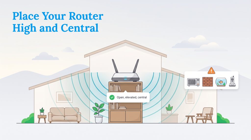 Diagram showing a Wi-Fi router on a central bookshelf and common signal obstacles.