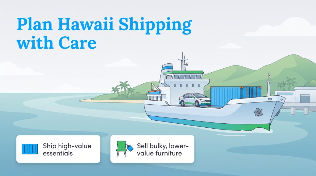 Cargo ship carrying a car and container near a Hawaiian island