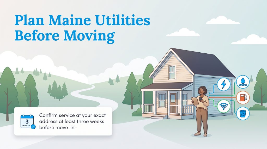 Woman reviewing home utilities like power, water, and internet outside a rural house